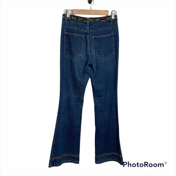 Vintage Andrew's Blue Aztec Hi Rise 100% Cotton Flare Denim Jean Size 5 B22 - Picture 3 of 6